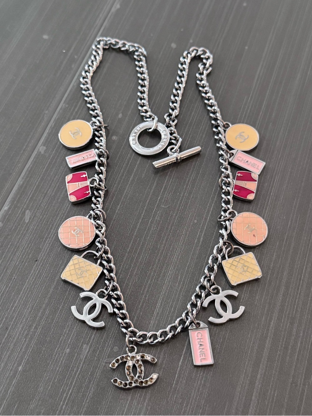 CHANEL Silver Chain Necklace with Enamel Charms